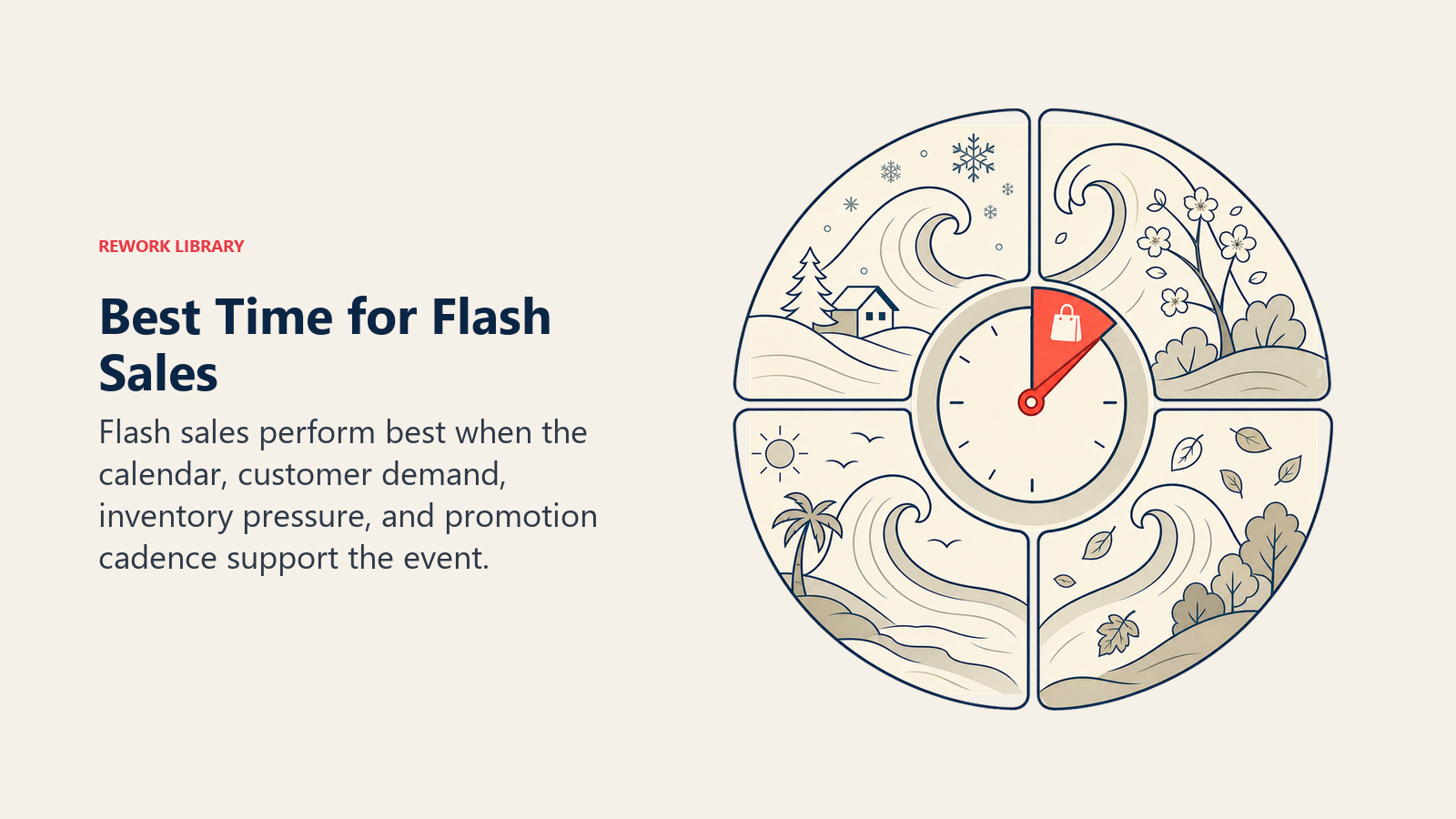 Best Time for Flash Sales shown as seasonal timing wheel in a Rework Library editorial illustration