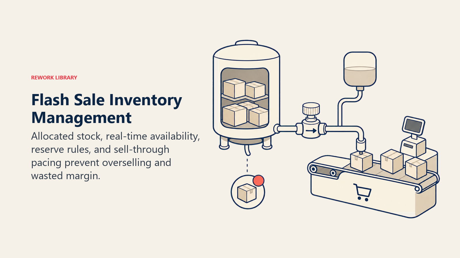 Flash Sale Inventory Management shown as flash inventory reservoir in a Rework Library editorial illustration