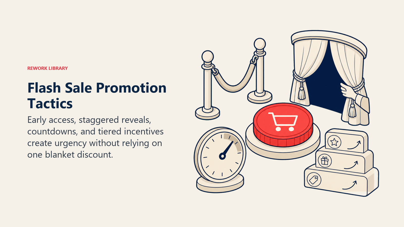 Flash Sale Promotion Tactics shown as urgency promotion toolkit in a Rework Library editorial illustration