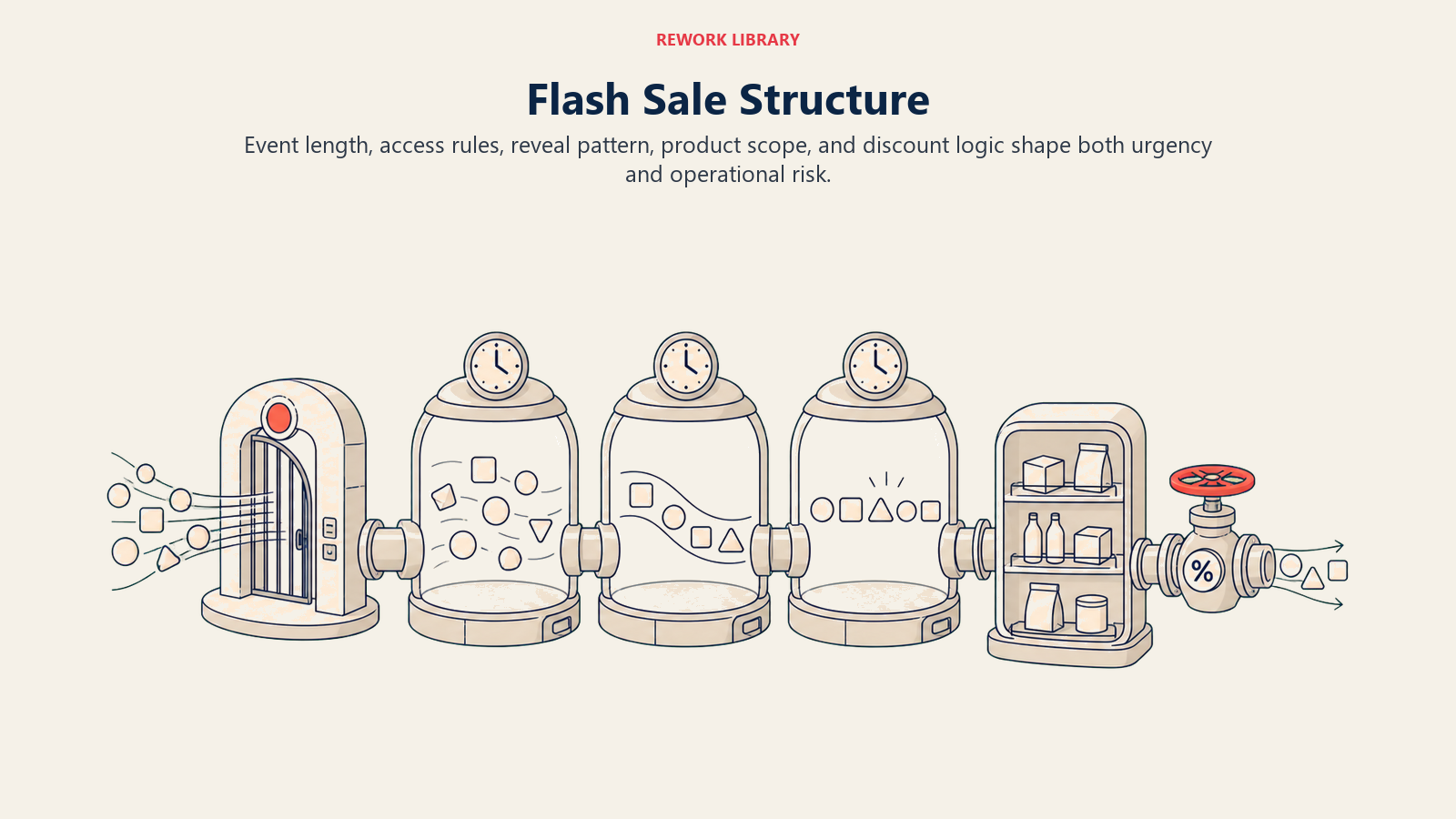Flash Sale Structure shown as flash sale event architecture in a Rework Library editorial illustration