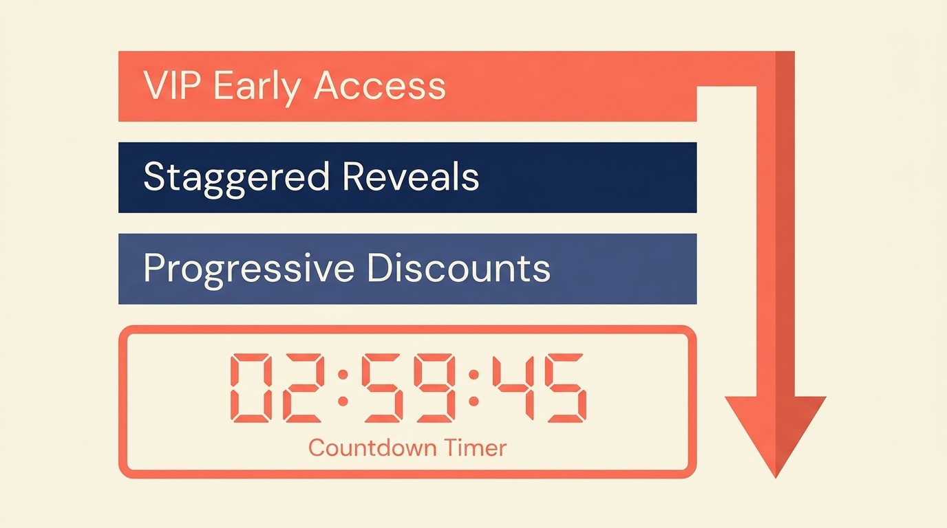 Flash sale promotion mechanics: early access, staggered reveals, progressive discounts, and countdown timers