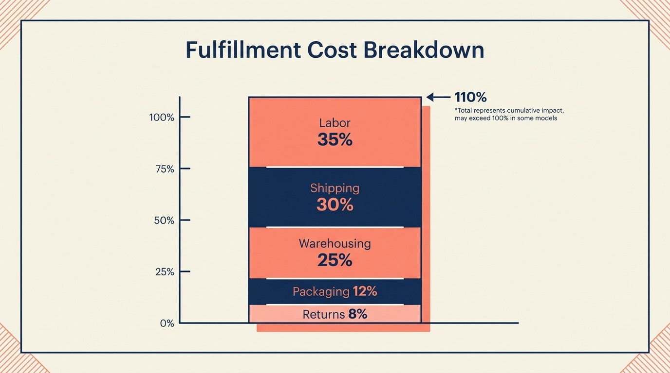 Fulfillment cost structure breakdown showing labor, warehousing, packaging, shipping, and returns components