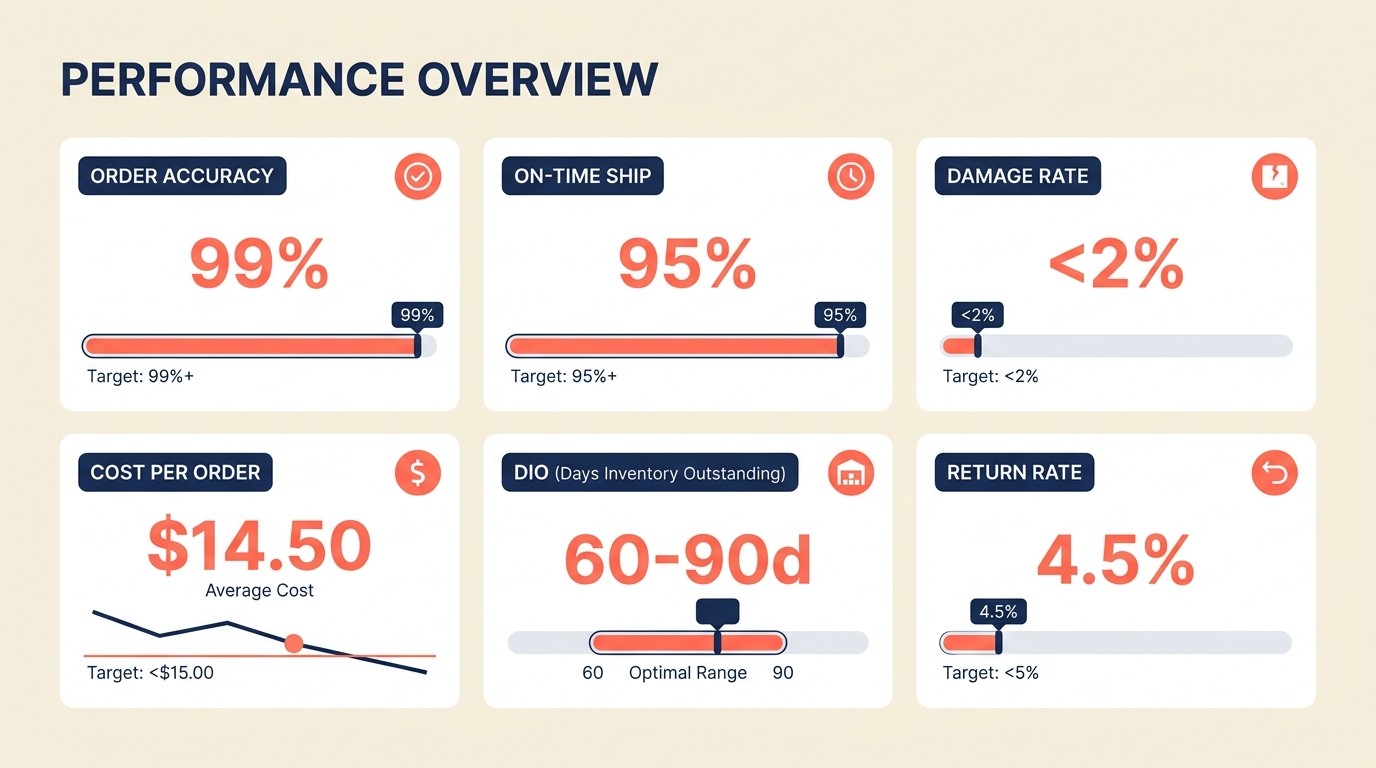 Fulfillment performance dashboard tracking accuracy on-time shipping cost per order and damage rates