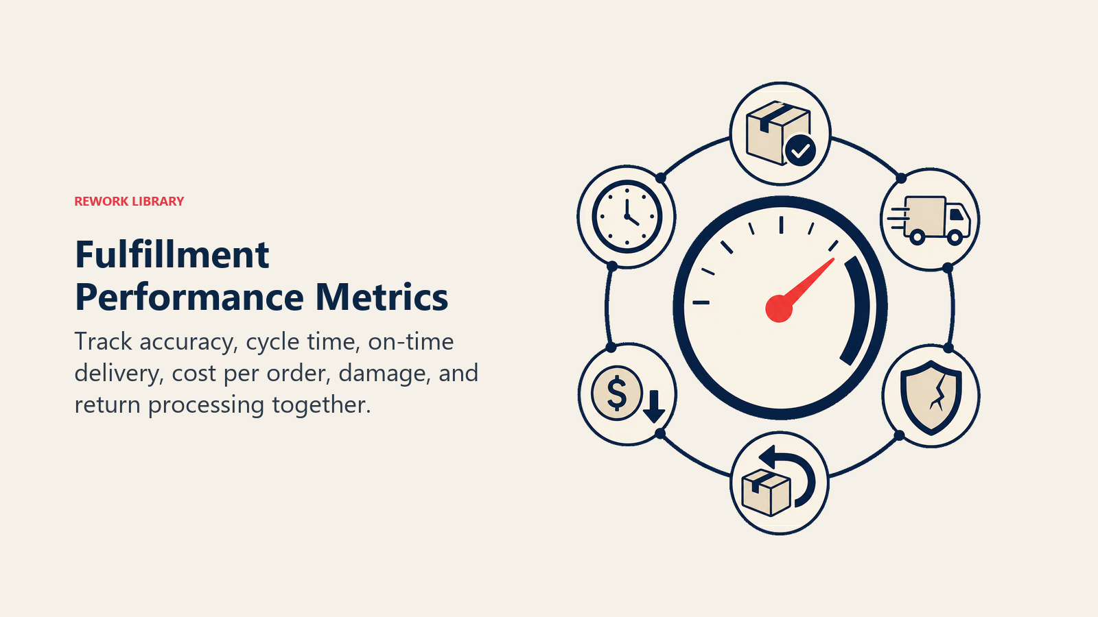 Fulfillment Performance Metrics illustrated with a fulfillment control gauge surrounded by parcel accuracy, clock, delivery, cost, damage shield, and return symbols with one coral needle