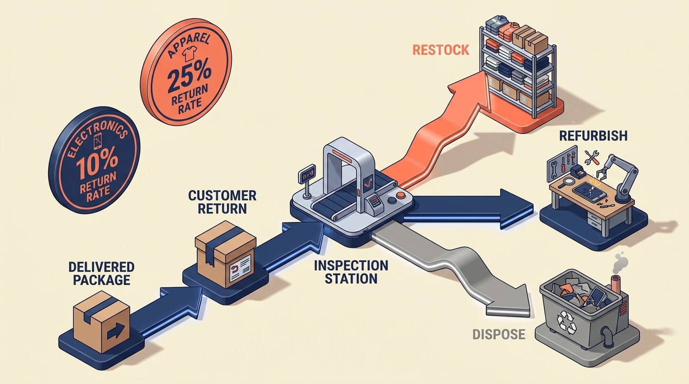 Returns management and reverse logistics process covering inspection restocking and fraud prevention