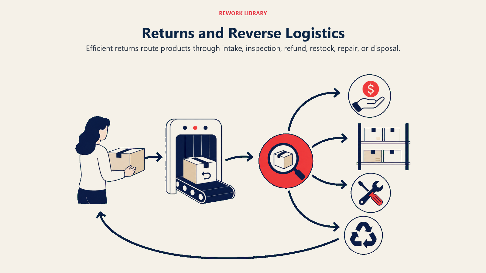 Returns and Reverse Logistics illustrated with a wide reverse logistics loop from customer parcel through inspection gate into refund, restock, repair, and recycle destinations