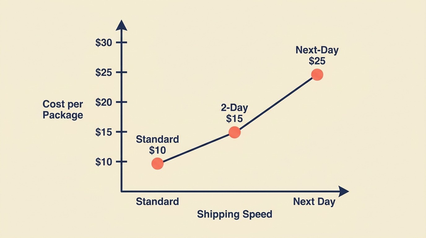 Shipping speed versus cost trade-off chart comparing standard 2-day and next-day delivery economics