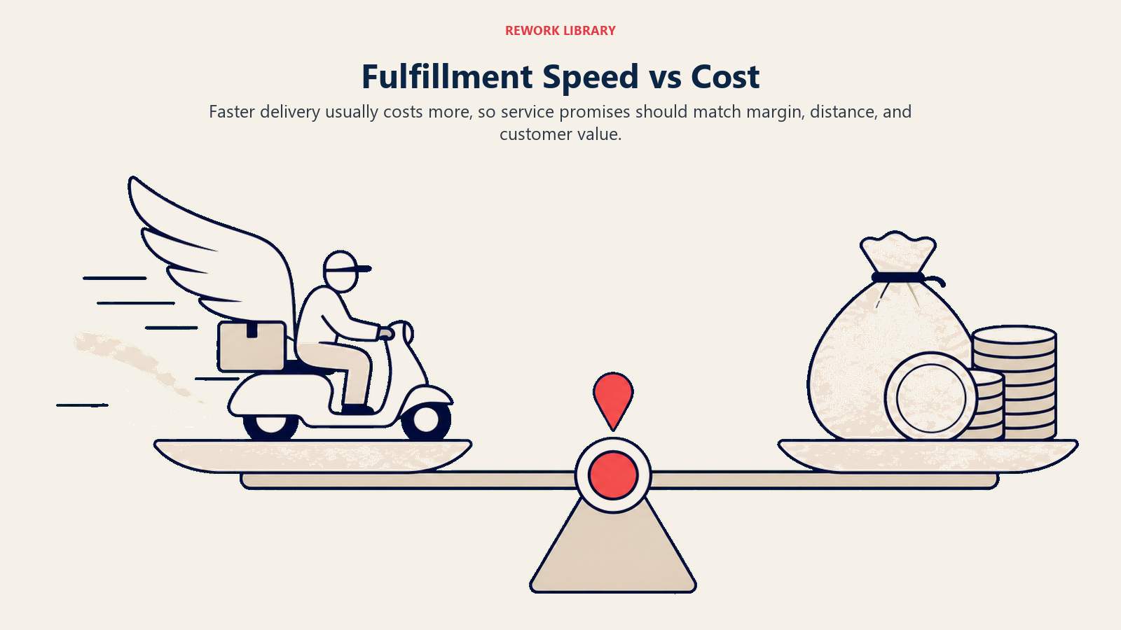 Fulfillment Speed vs Cost illustrated with a wide balance between a fast delivery wing and a cost weight, with a coral decision marker moving along the beam, no text
