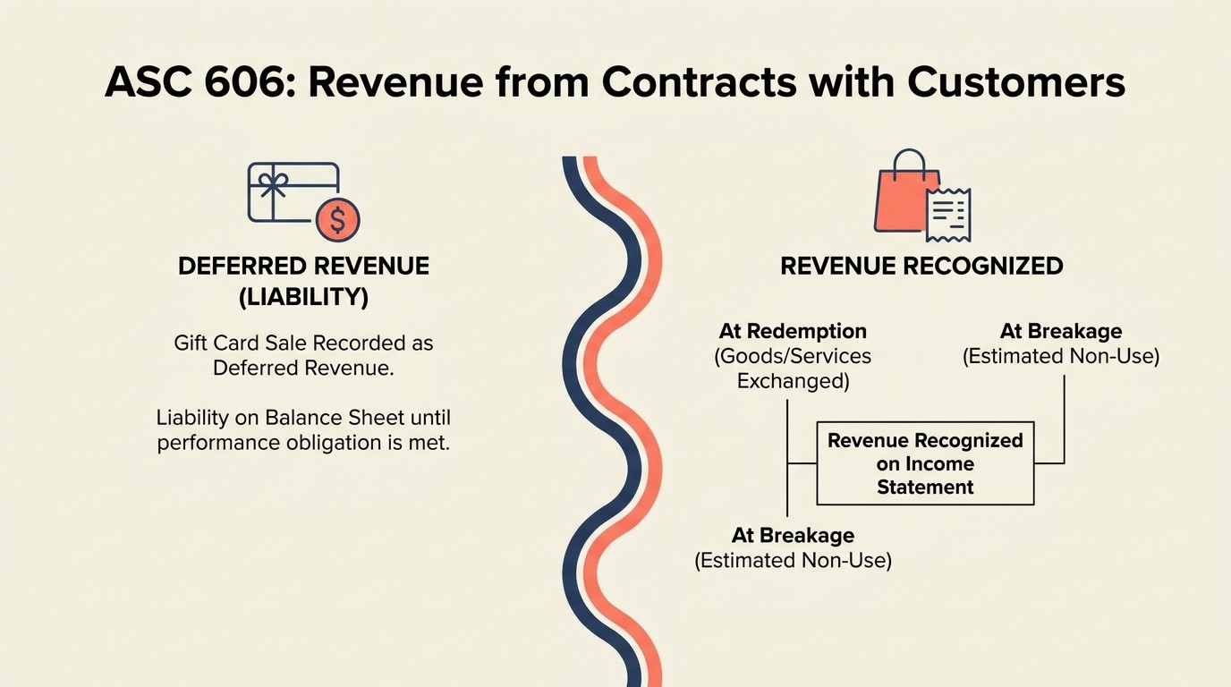 Gift card accounting flow showing ASC 606 deferred revenue, breakage recognition, and escheatment compliance