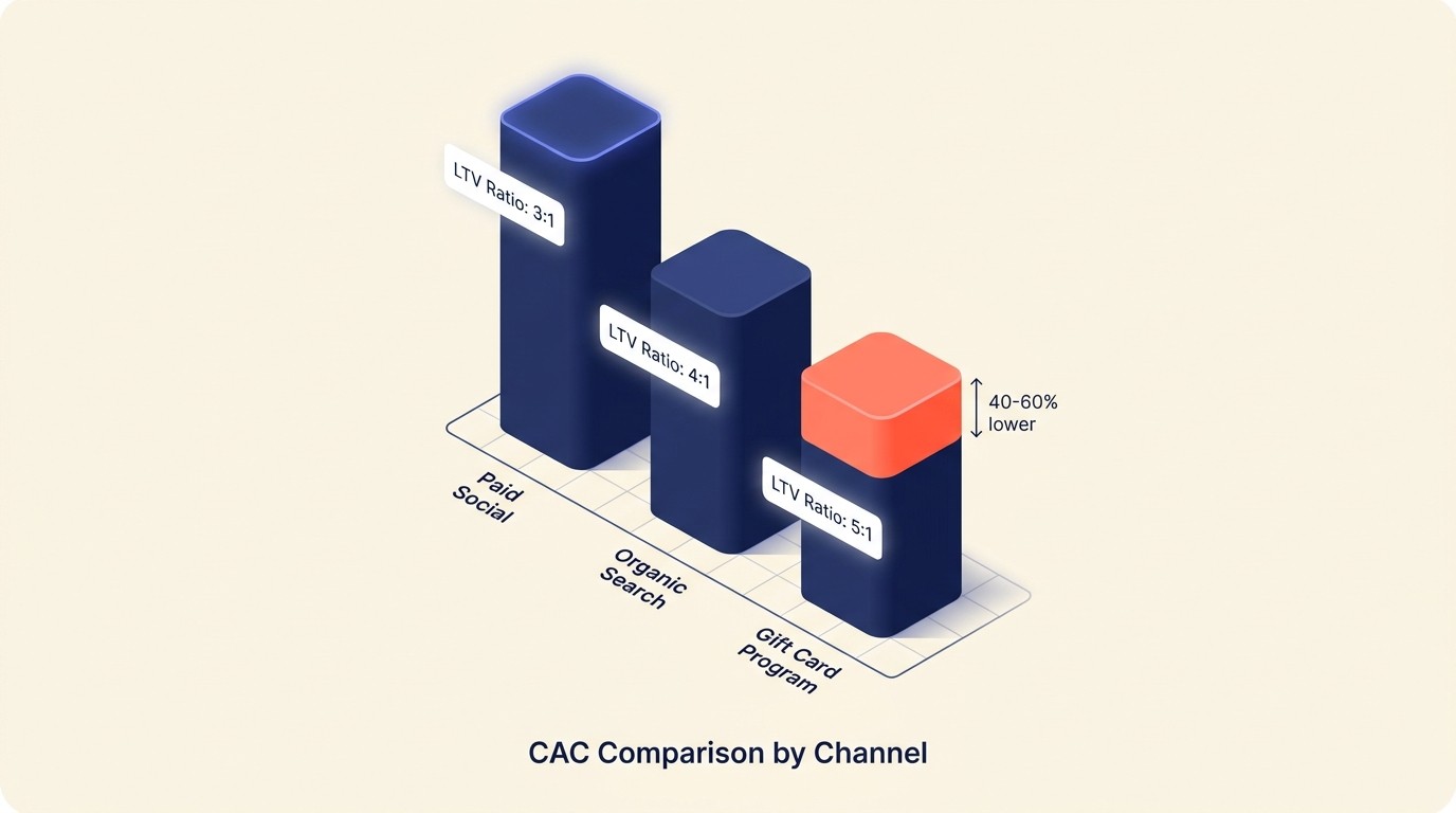 Customer acquisition economics comparing gift card CAC to paid social and other channels with LTV ratios