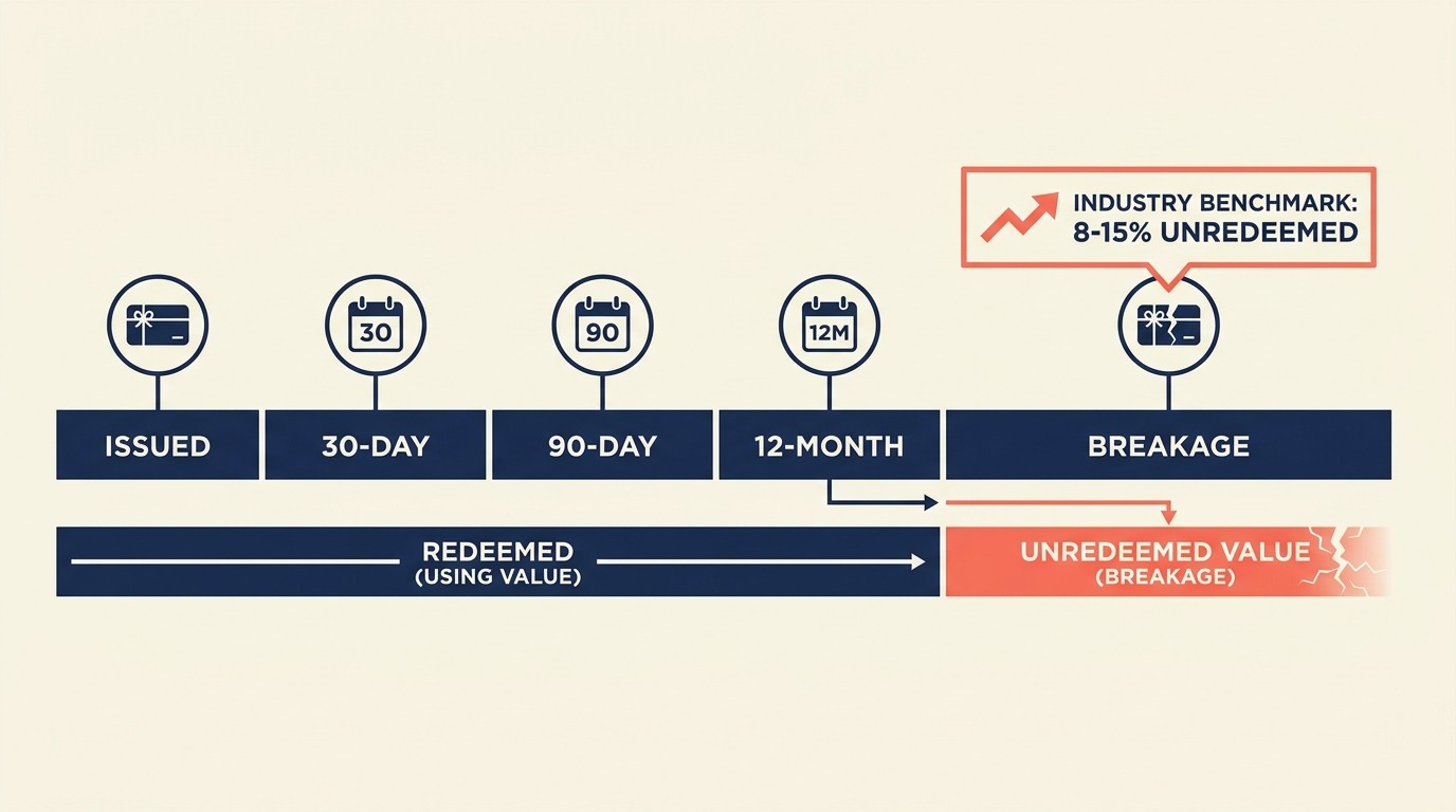 Breakage analysis chart showing redemption curves and unredeemed balance percentages by card vintage