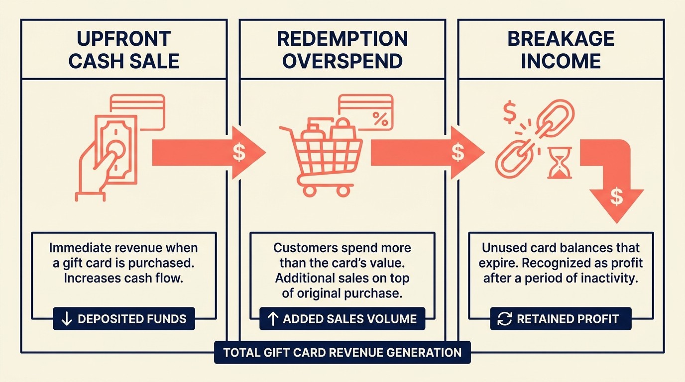 Gift card business model showing cash flow, customer acquisition, and lifetime value mechanisms