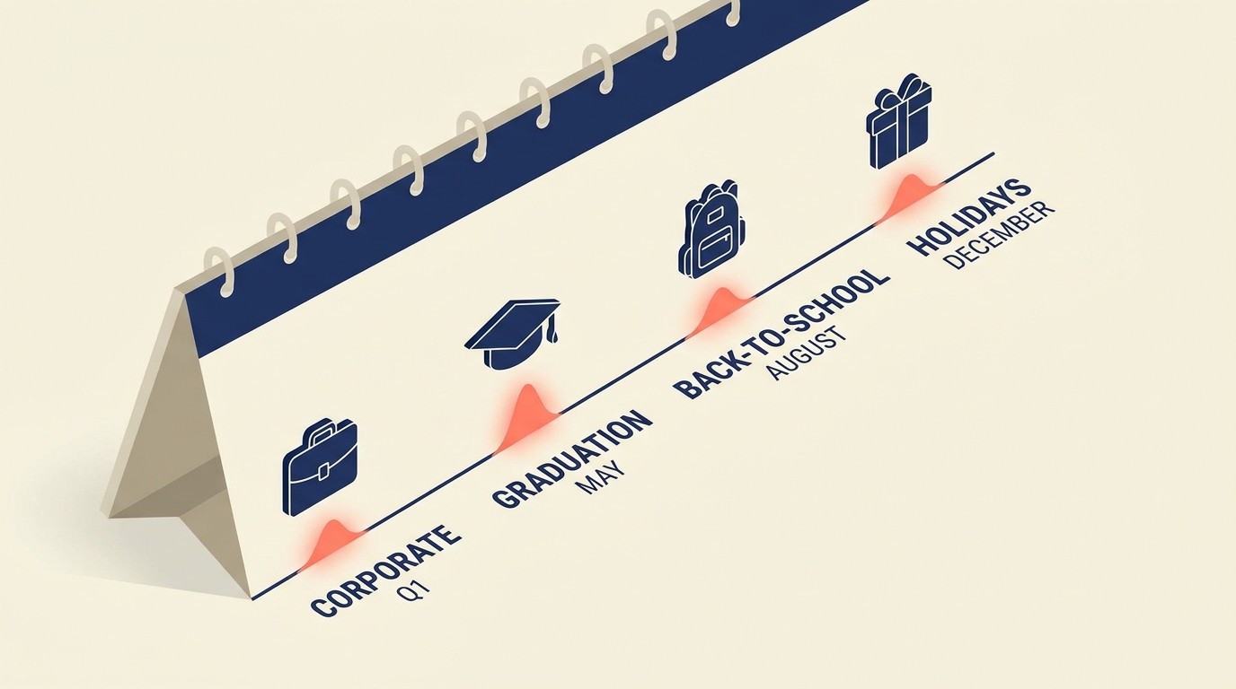 Year-round gift card promotion calendar covering holidays, graduations, weddings, and corporate gifting seasons