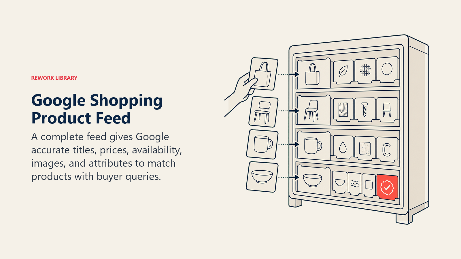 Google Shopping Product Feed, illustrated as a structured product catalog cabinet with clean product cards entering labeled attribute slots, one coral approved card