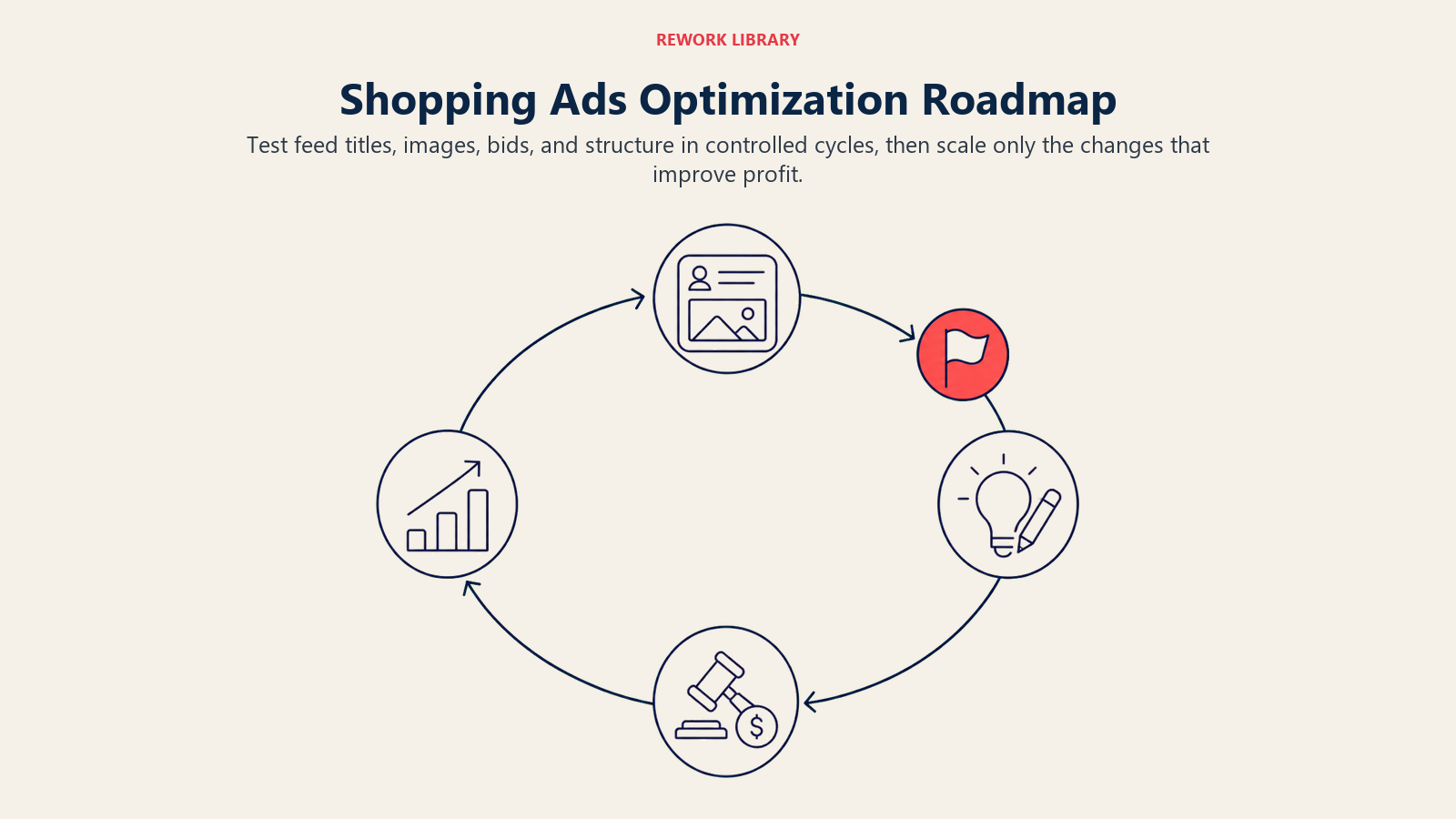 Shopping Ads Optimization Roadmap, illustrated as a wide circular test-and-learn route with four sparse checkpoints for feed, creative, bid, and scale, one coral winning checkpoint