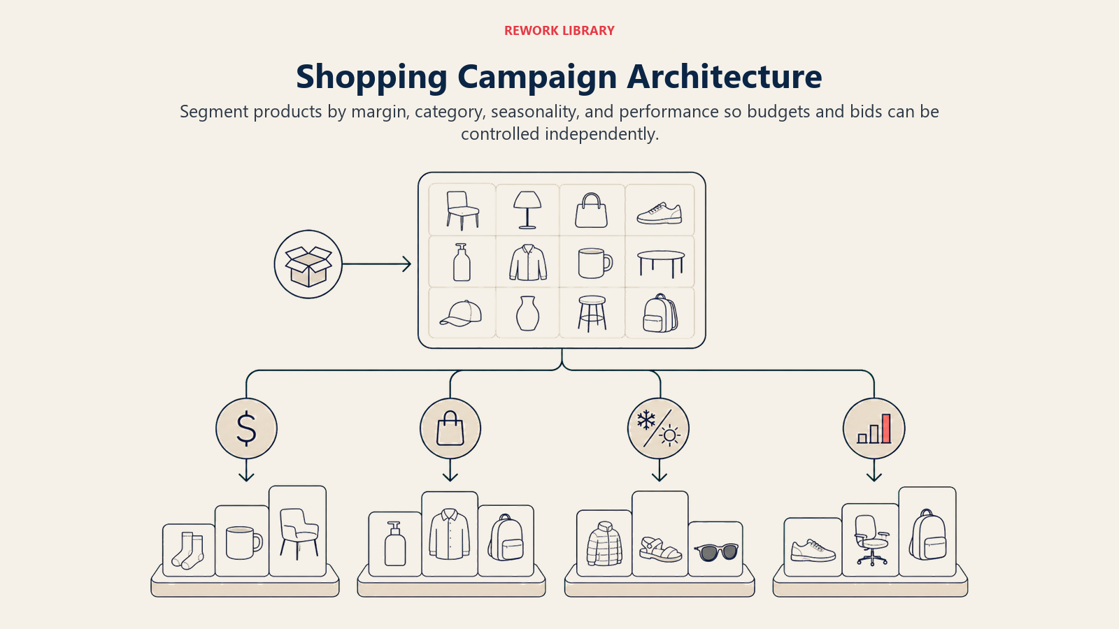 Shopping Campaign Architecture, illustrated as a wide campaign map splitting a product catalog into four sparse lanes for margin, category, season, and performance