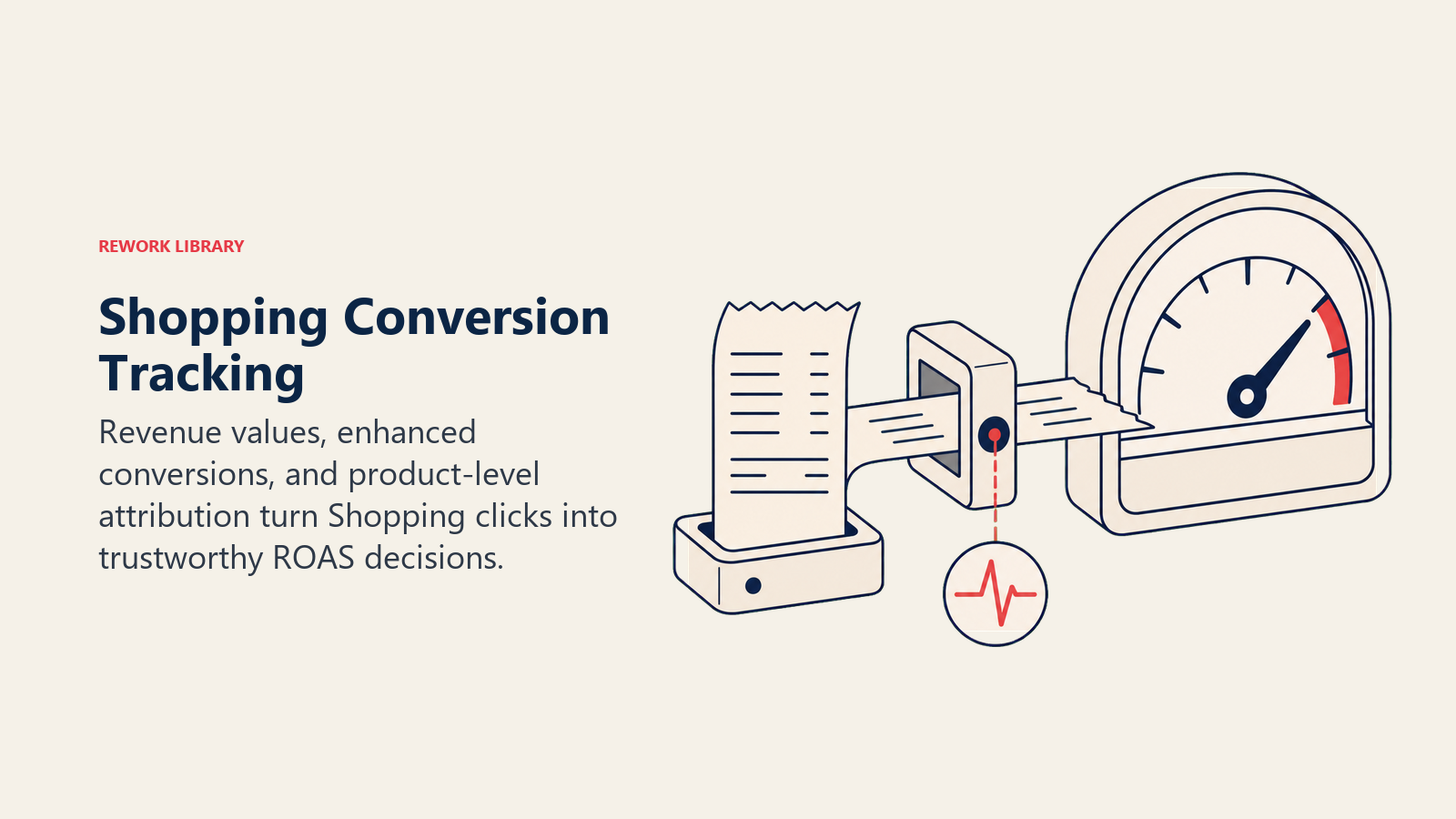 Shopping Conversion Tracking, illustrated as a checkout receipt passing through a tracking sensor into a clear revenue gauge, one coral verified pulse