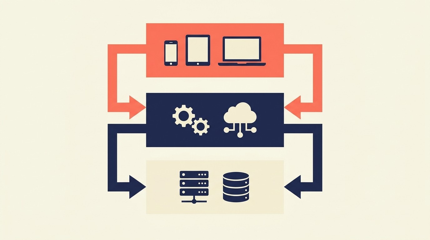 Core components of headless commerce architecture including backend engine, frontend layer, and API layer
