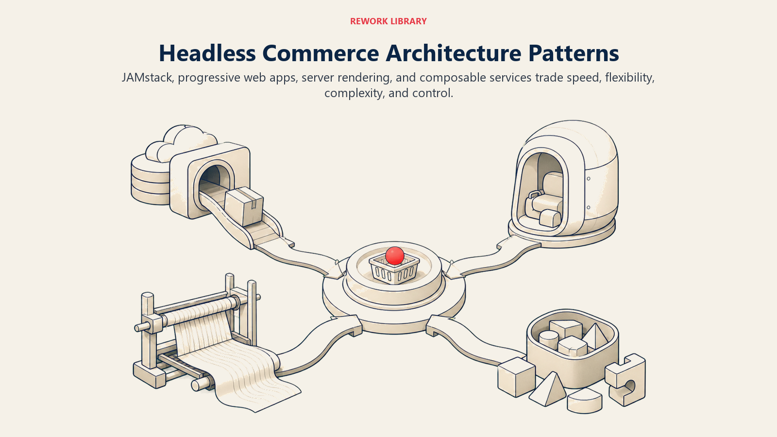 Headless Commerce Architecture Patterns shown as four headless architecture routes in a Rework Library editorial illustration