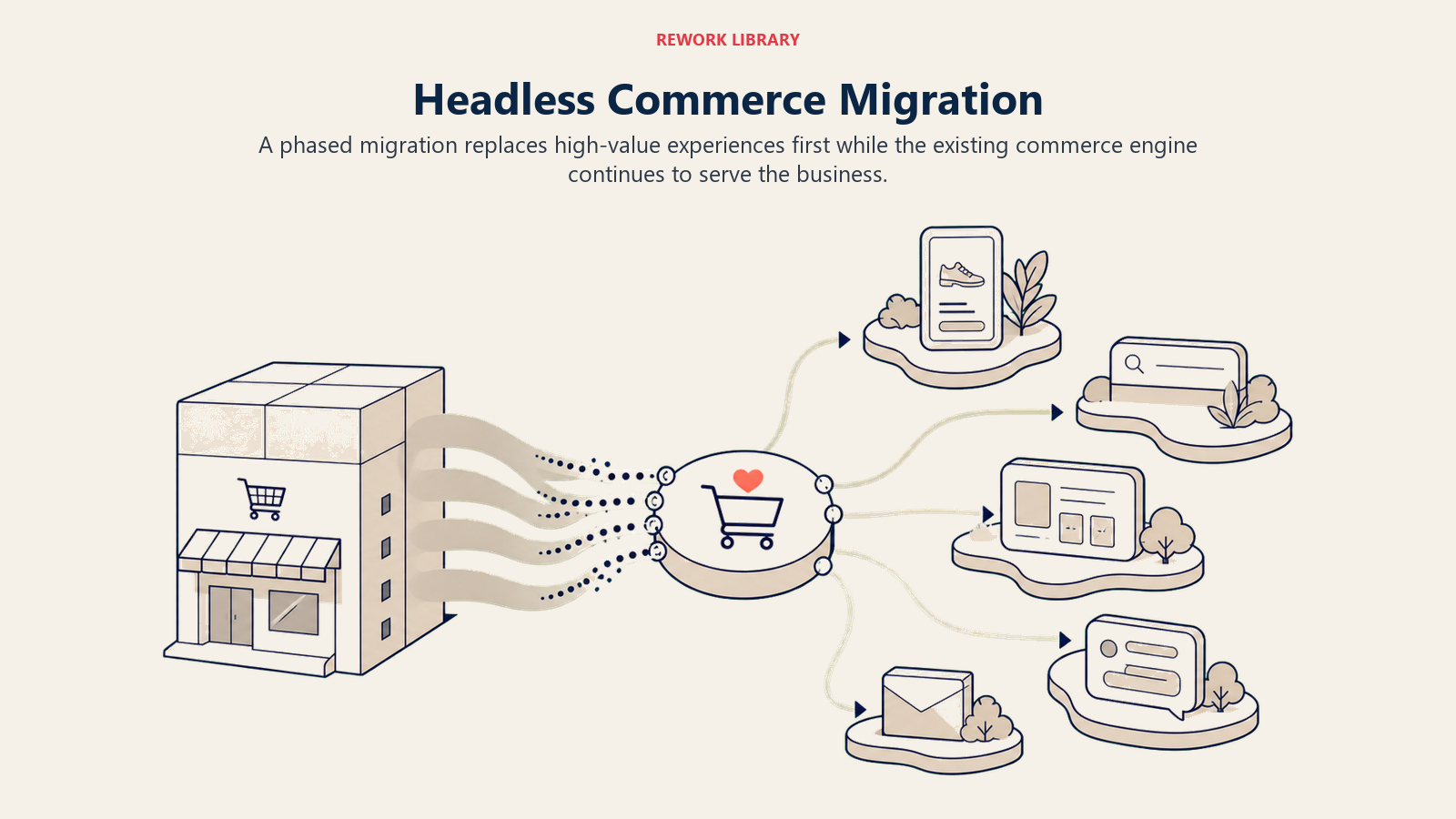 Headless Commerce Migration shown as phased headless migration in a Rework Library editorial illustration