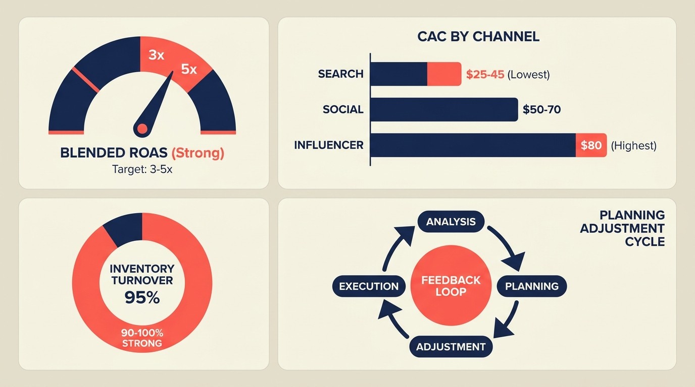 Post-holiday analytics dashboard tracking ROAS, CAC by channel, and inventory turnover