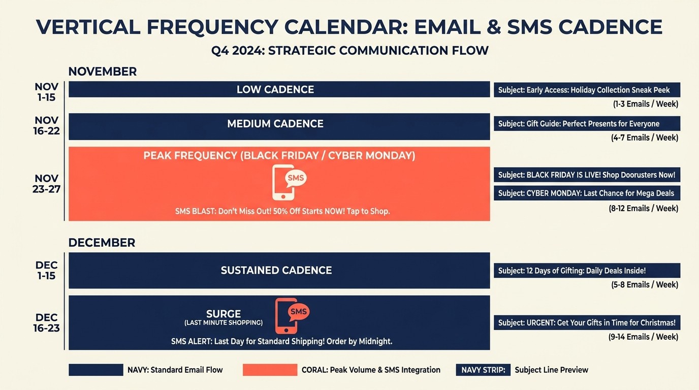 Holiday email and SMS campaign calendar from early November through last-minute gifting