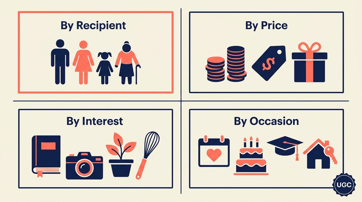 Gift guide marketing framework showing curated product recommendations by segment and price point