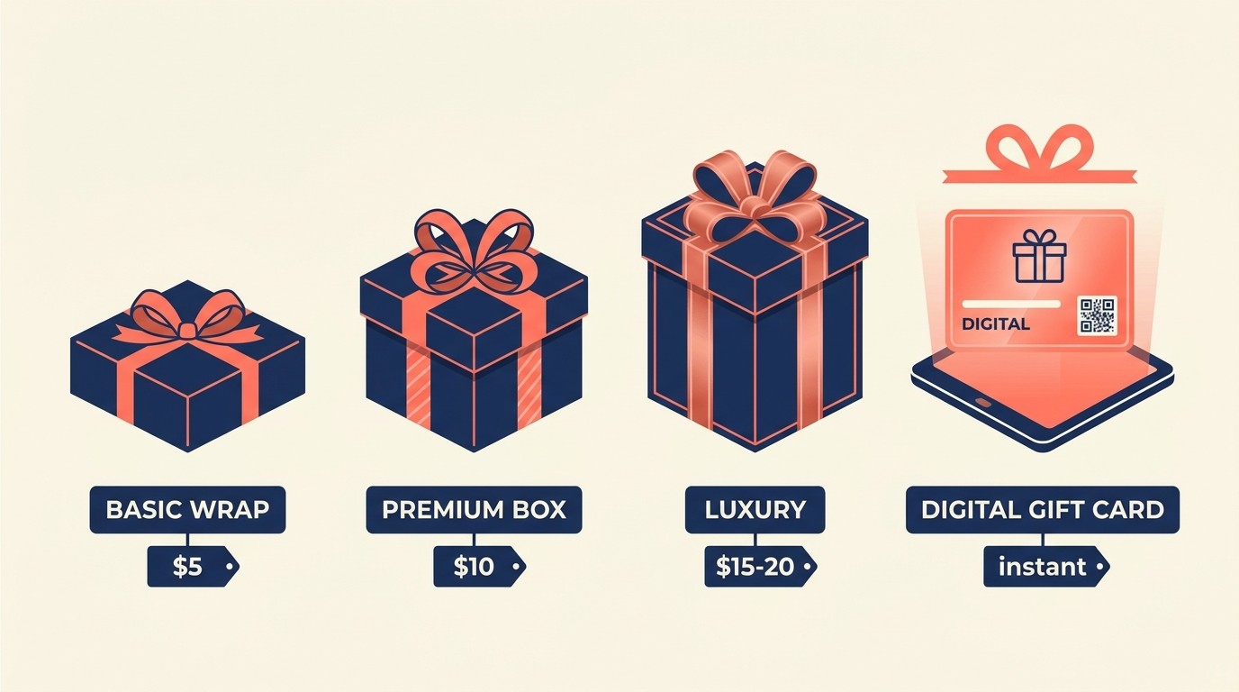 Premium gift services tiers showing wrapping, personalization, and luxury unboxing options