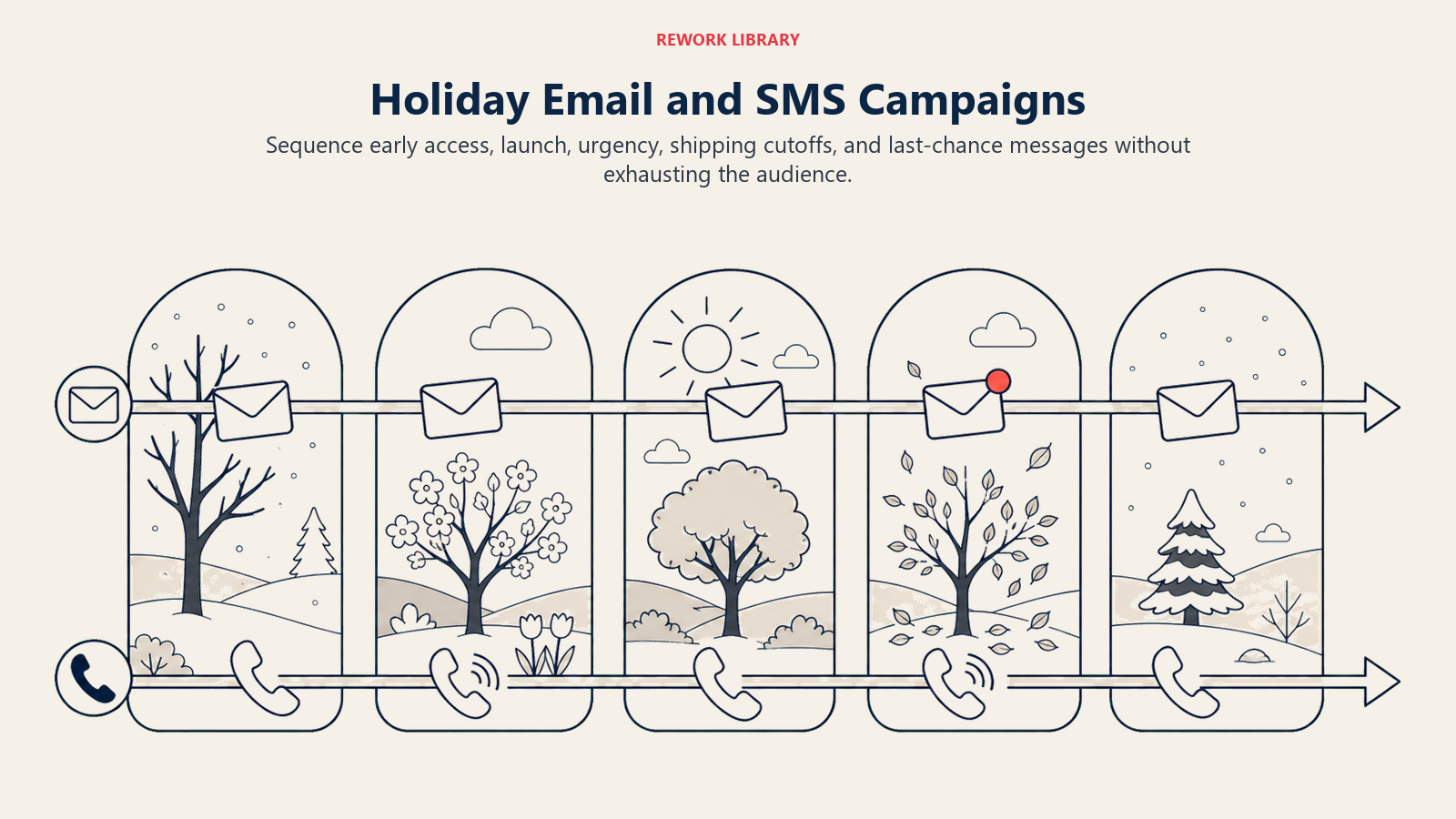 Holiday Email and SMS Campaigns, illustrated as a wide dual-lane message cadence with email envelopes and phone signals passing through five seasonal moments