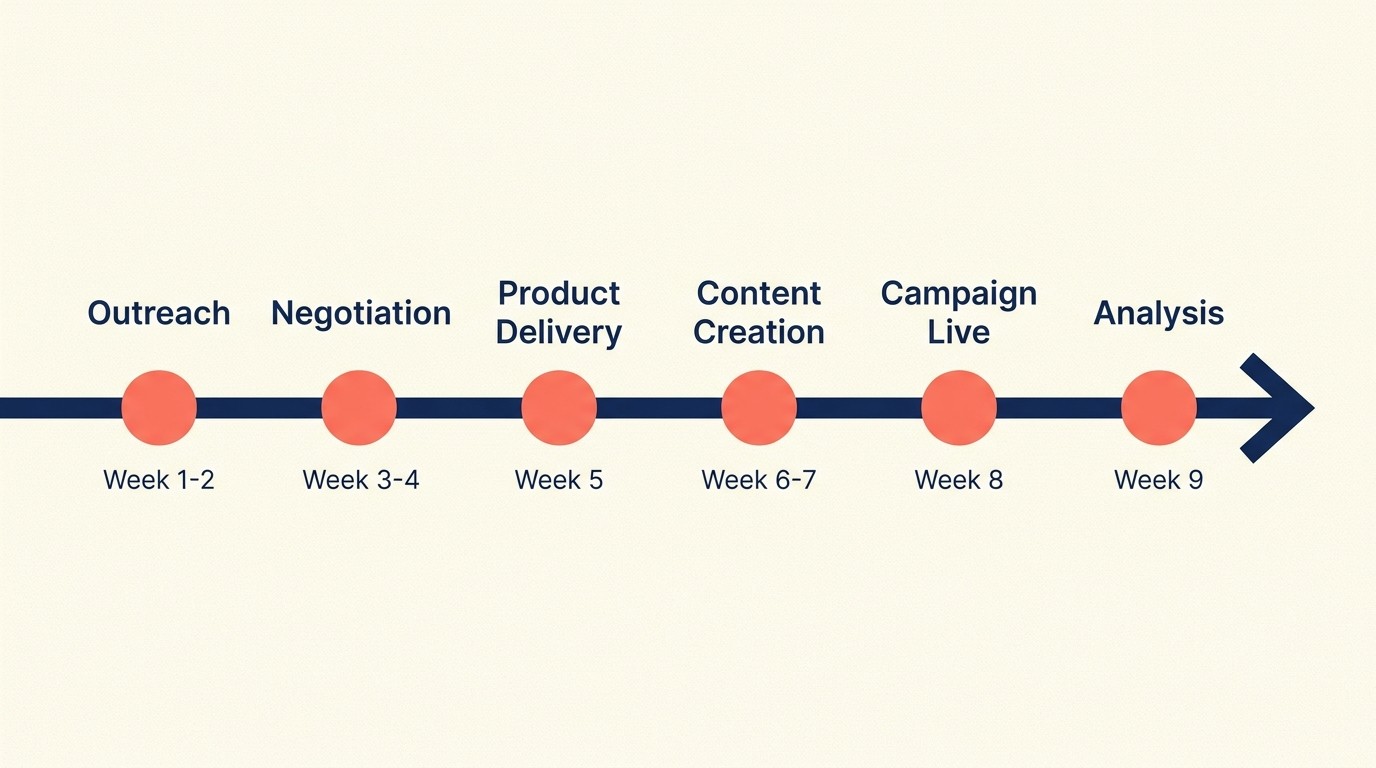 Eight-week influencer campaign timeline from outreach through analysis