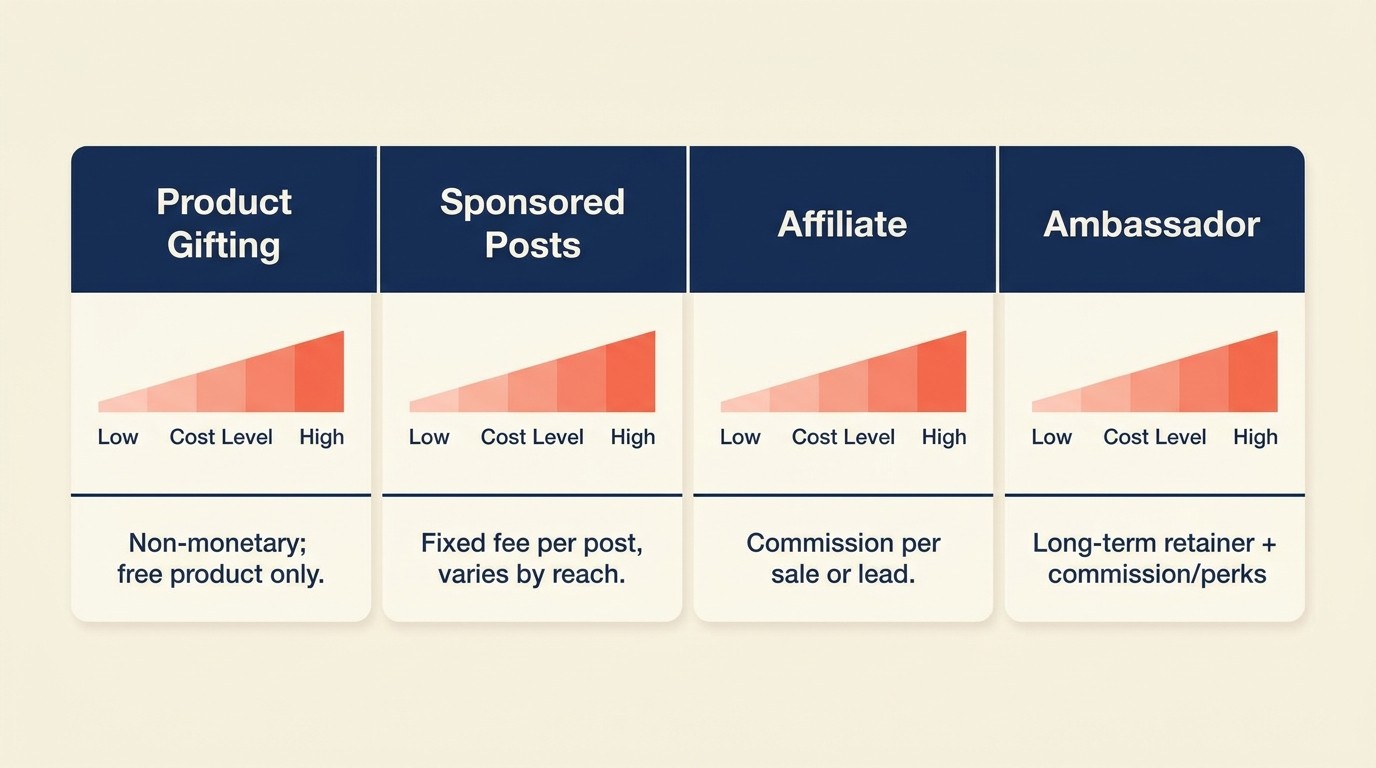 Five influencer partnership models from gifting to brand ambassadors compared