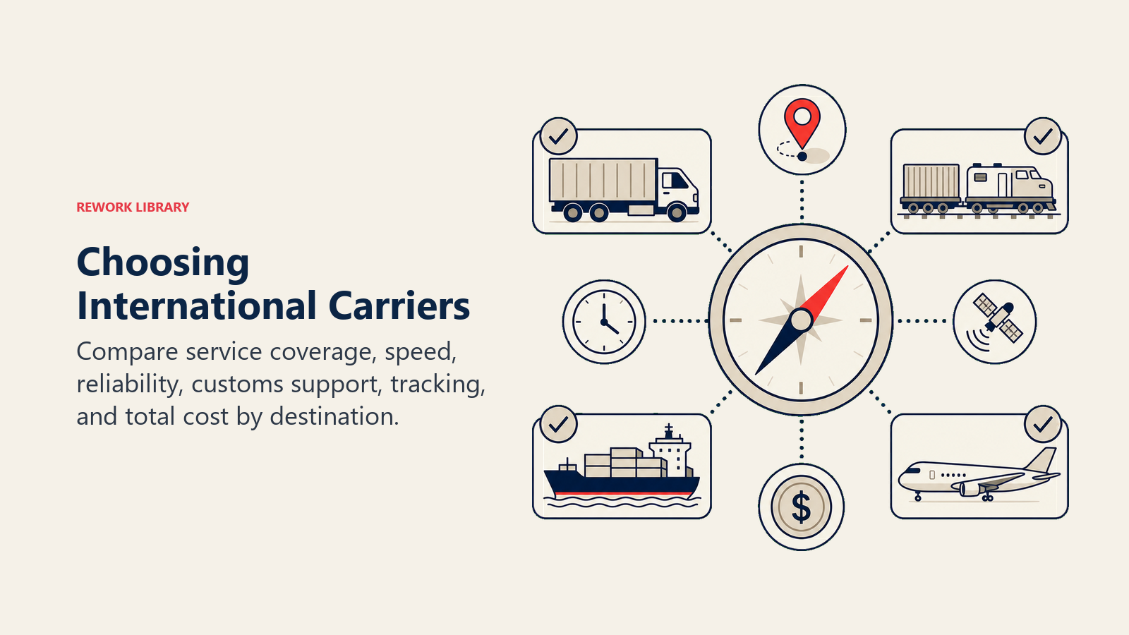 Choosing International Carriers illustrated as a routing compass evaluates four carrier vehicle symbols against destination, clock, tracking, and cost cues, no logos