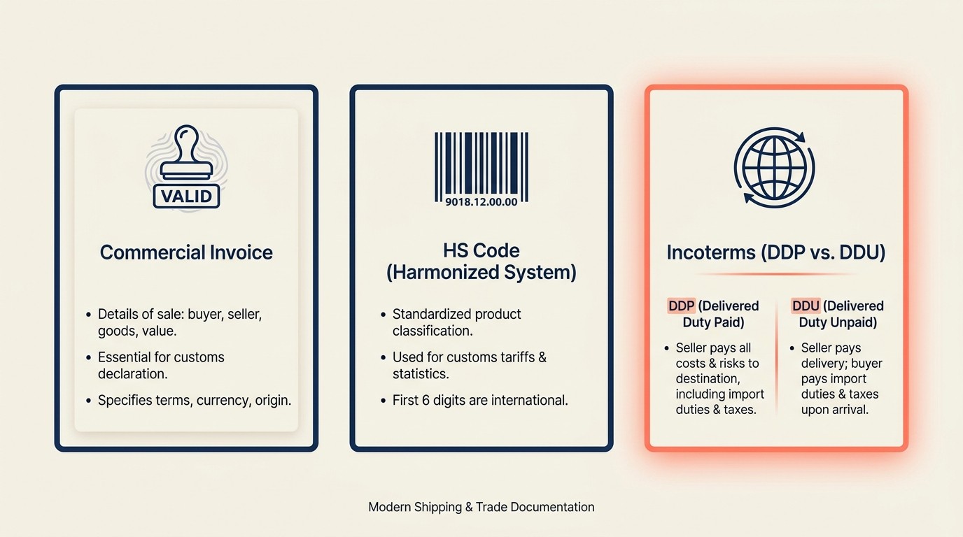 HS codes and Incoterms framework for customs classification and duty calculation