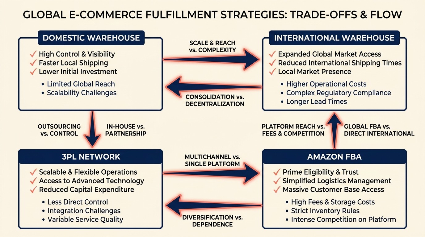 Fulfillment model comparison of domestic warehouse, international warehouses, 3PL networks, and Amazon FBA