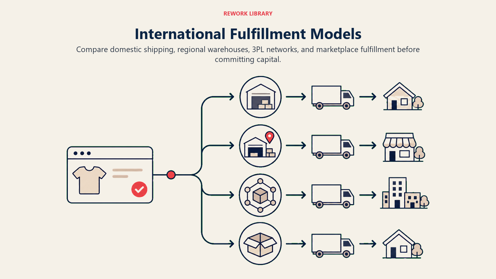 International Fulfillment Models illustrated as a wide four-route fulfillment map branches one order into domestic warehouse, regional hub, 3pl network, and marketplace depot paths