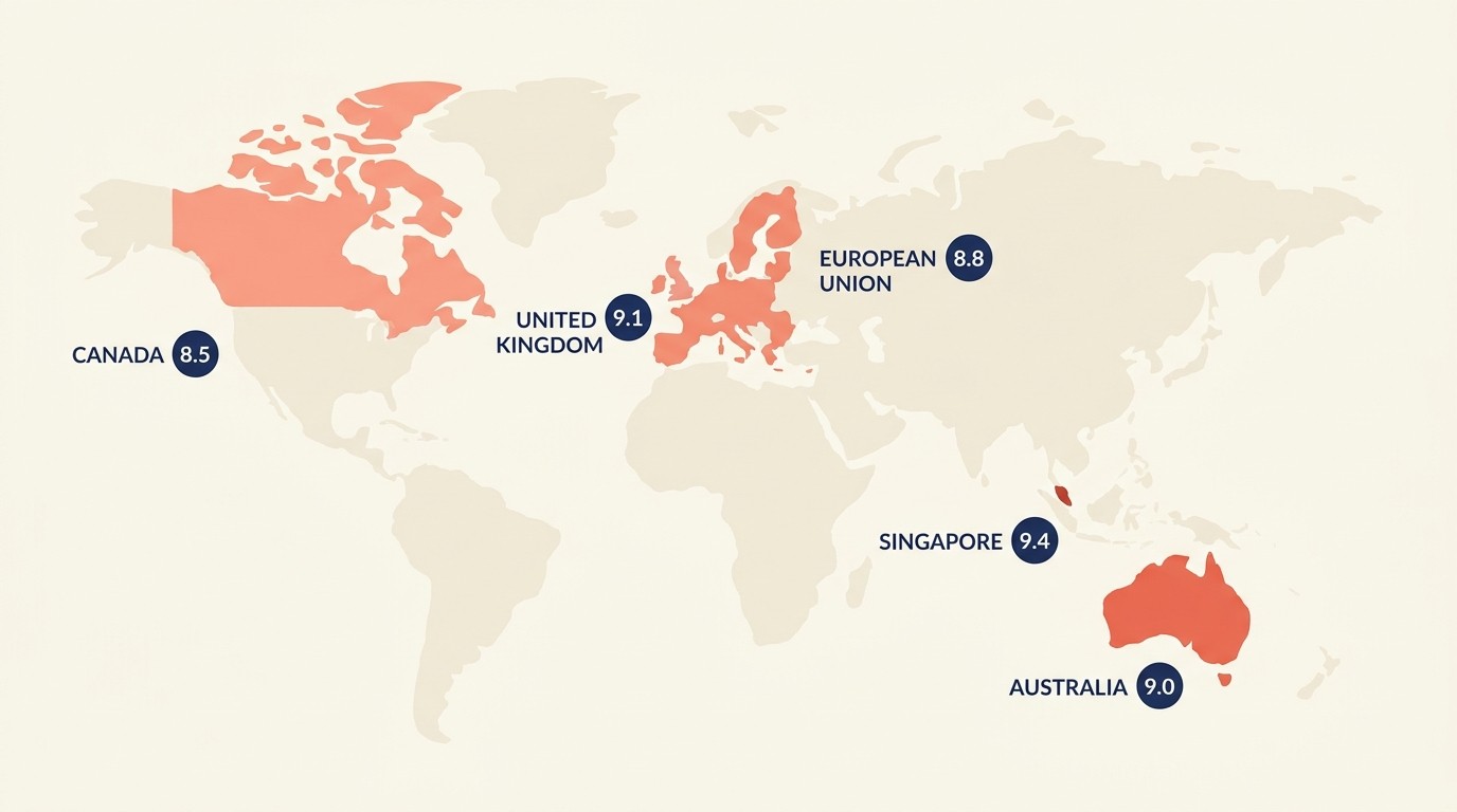 Global market priority map ranking Canada, UK, EU, Australia, and Asia-Pacific for e-commerce expansion