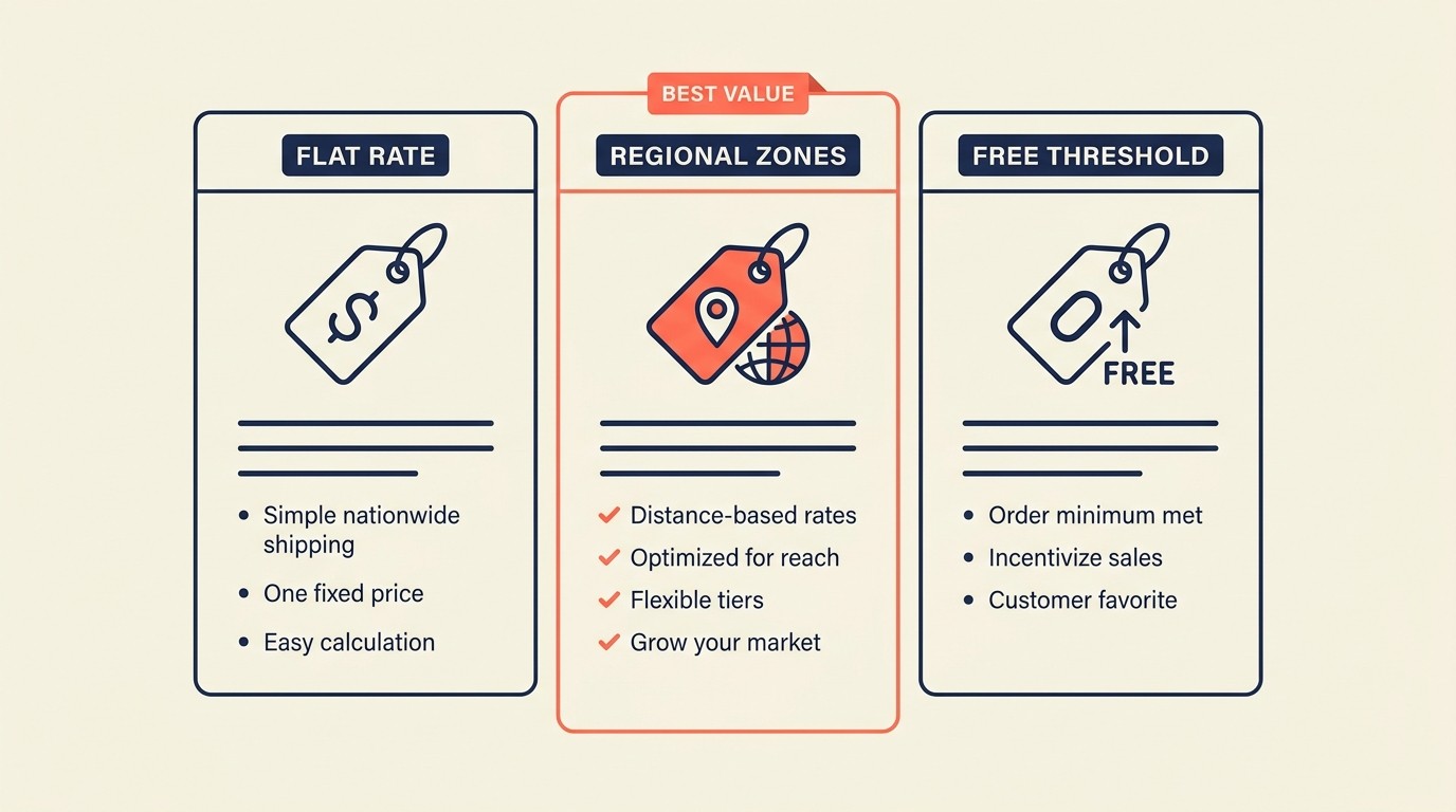 International shipping pricing models showing cost-plus, flat-rate, regional tier, and free threshold approaches
