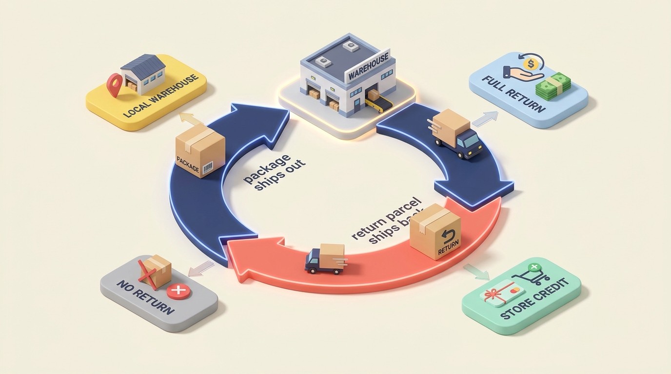 International returns policy options comparing full returns, store credit, no returns, and local warehouse routing