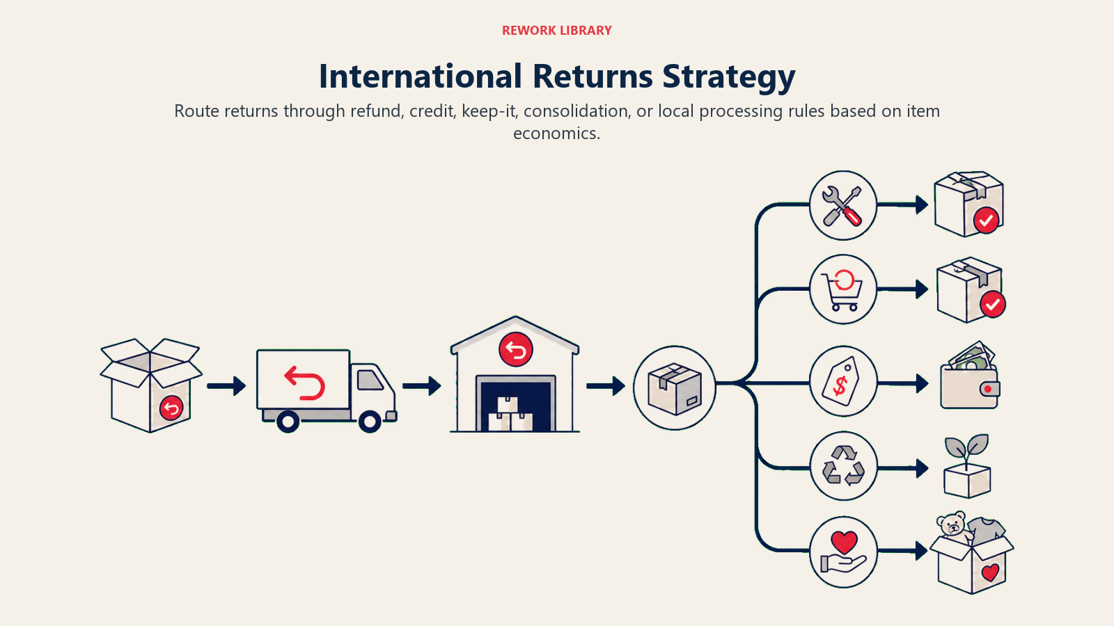 International Returns Strategy illustrated as a wide reverse-logistics route carries a parcel back through five branching resolution paths toward value recovery