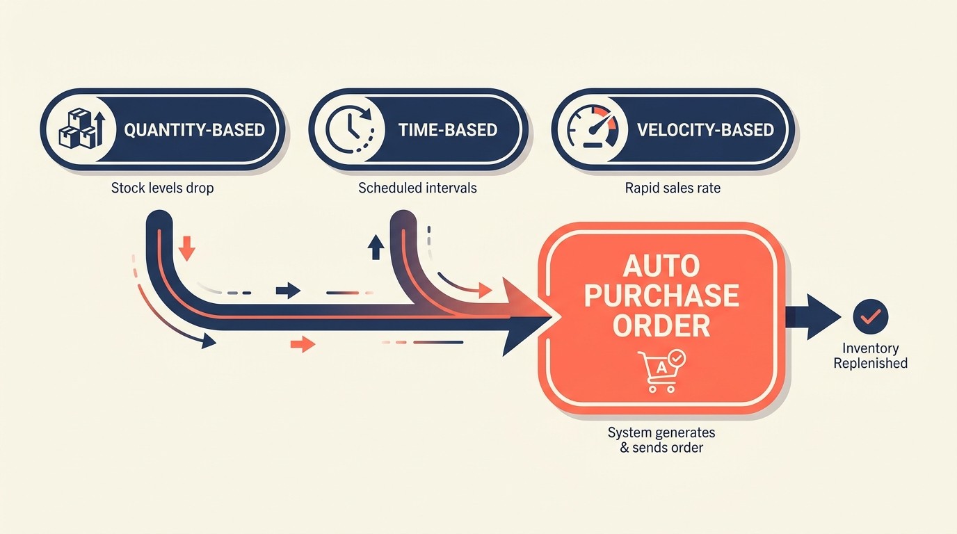 Automated replenishment system with quantity and velocity-based triggers