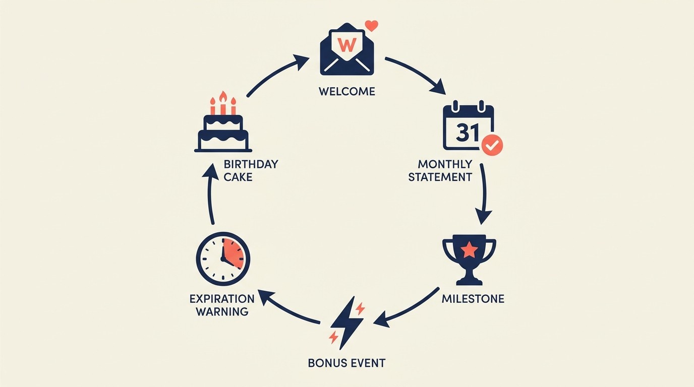 Customer engagement mechanics including welcome series, statements, milestones, and expiration warnings