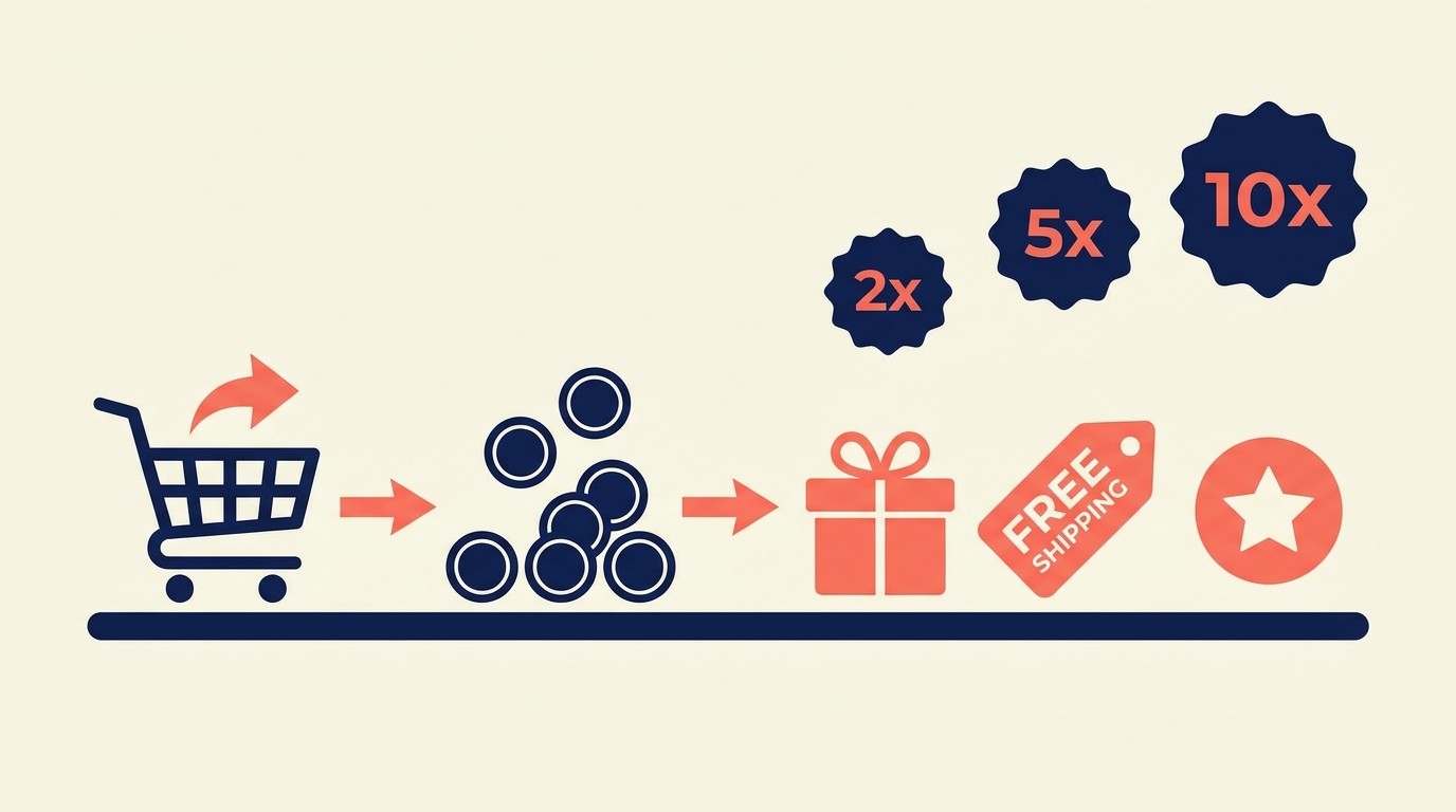 Points-based loyalty program mechanics showing earn rates, thresholds, and redemption options