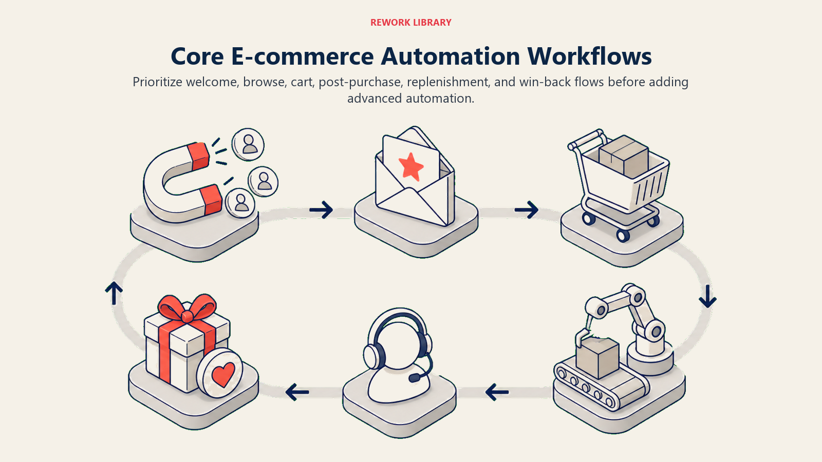 Core E-commerce Automation Workflows illustrated by a wide customer lifecycle with six distinct automation stations linked by a gentle recurring path