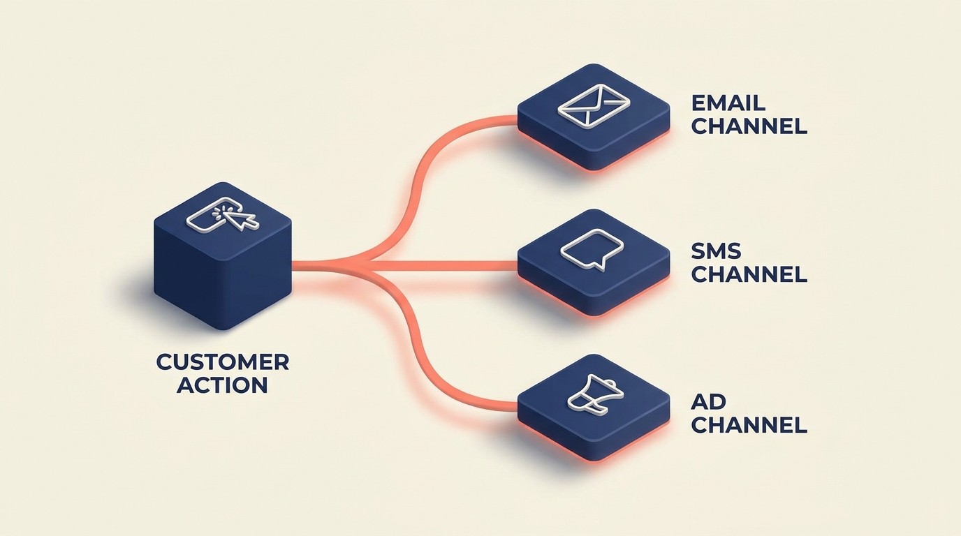Marketing automation definition showing triggers, workflows, and channel orchestration
