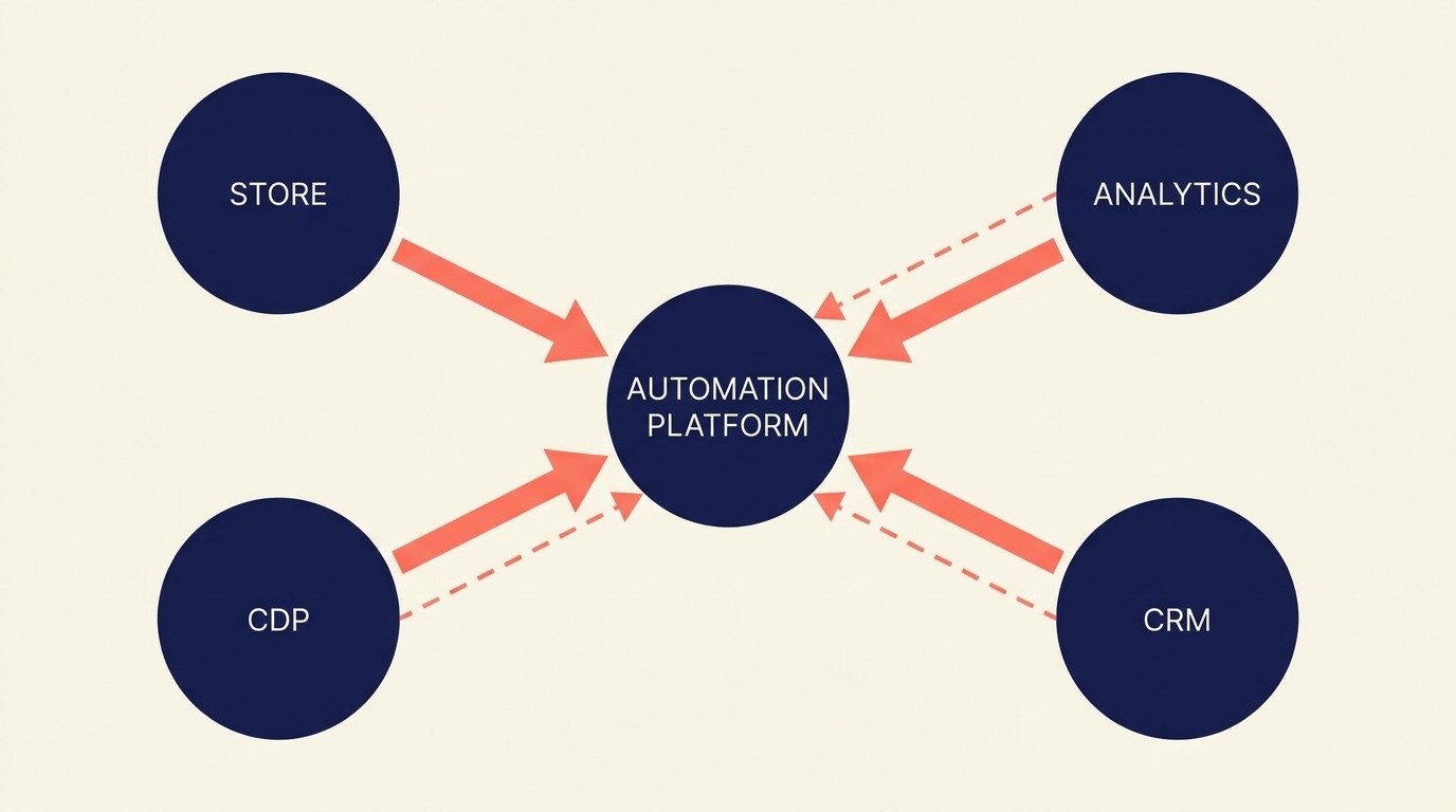 Integration architecture connecting store, CDP, analytics, and CRM to automation hub
