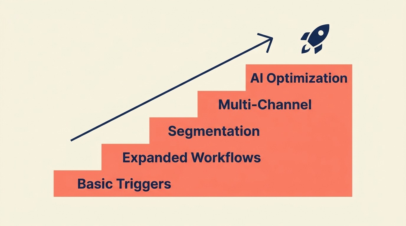 Maturity stages from basic triggered emails to AI-driven automation