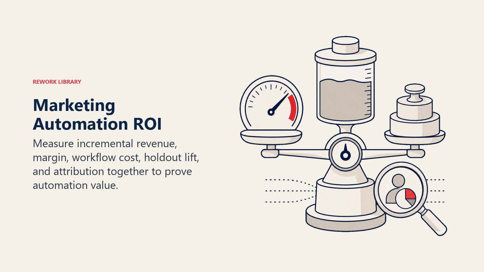 Marketing Automation ROI illustrated by an ROI balance combining an incremental-lift gauge, margin reservoir, cost weight, and attribution lens
