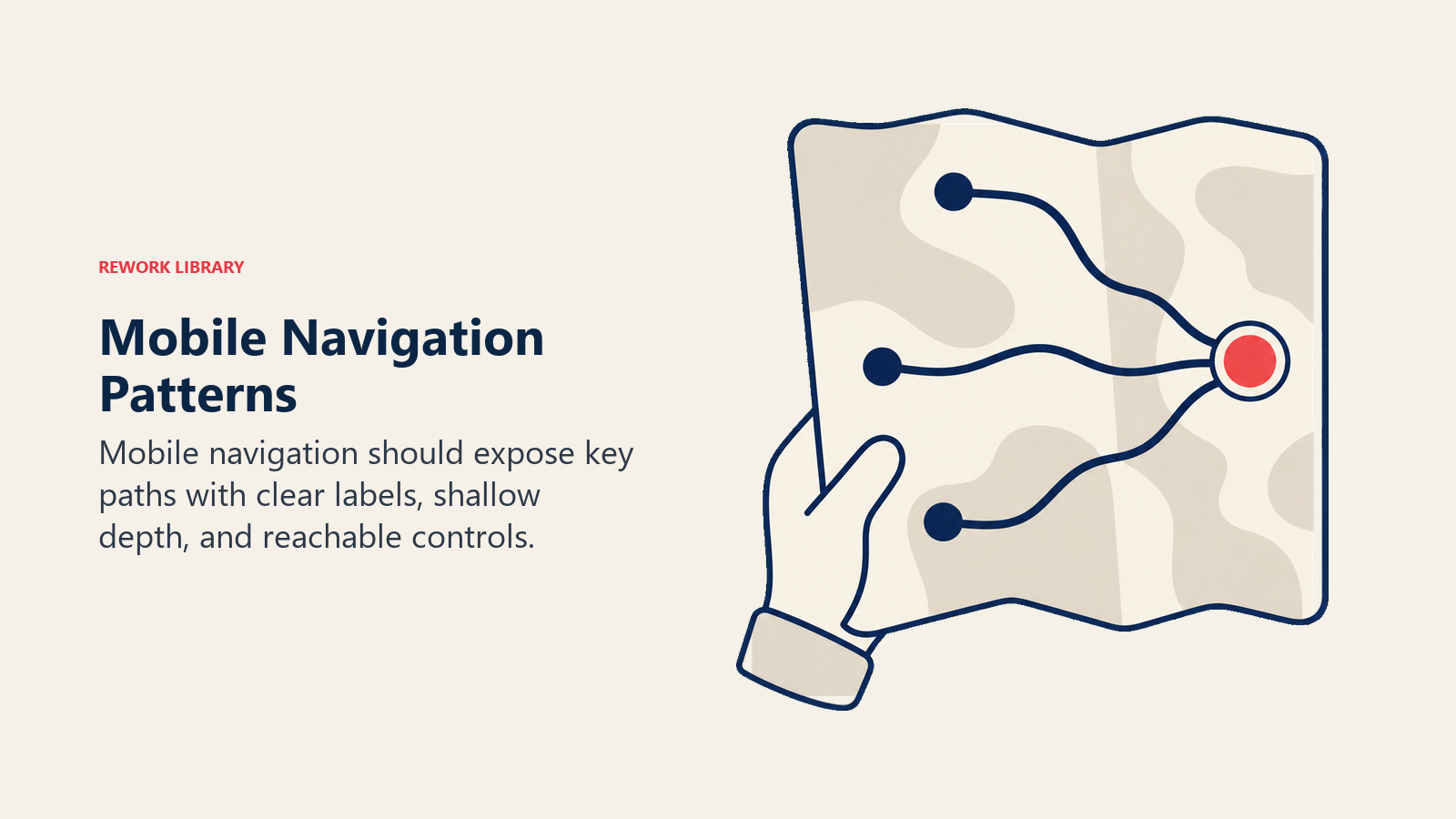 Mobile Navigation Patterns illustrated with a compact handheld map with three simple route branches converging on one coral destination tab, no text