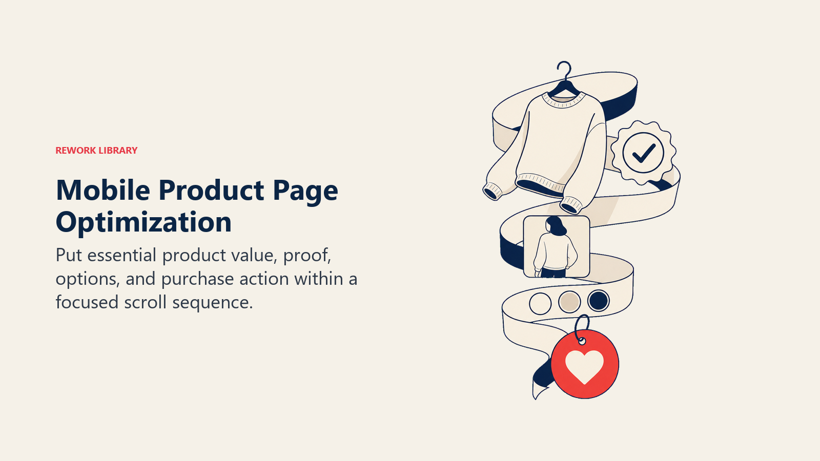 Mobile Product Page Optimization illustrated with a tall product ribbon unfurling through image, proof badge, option swatches, and a coral purchase token, no UI labels