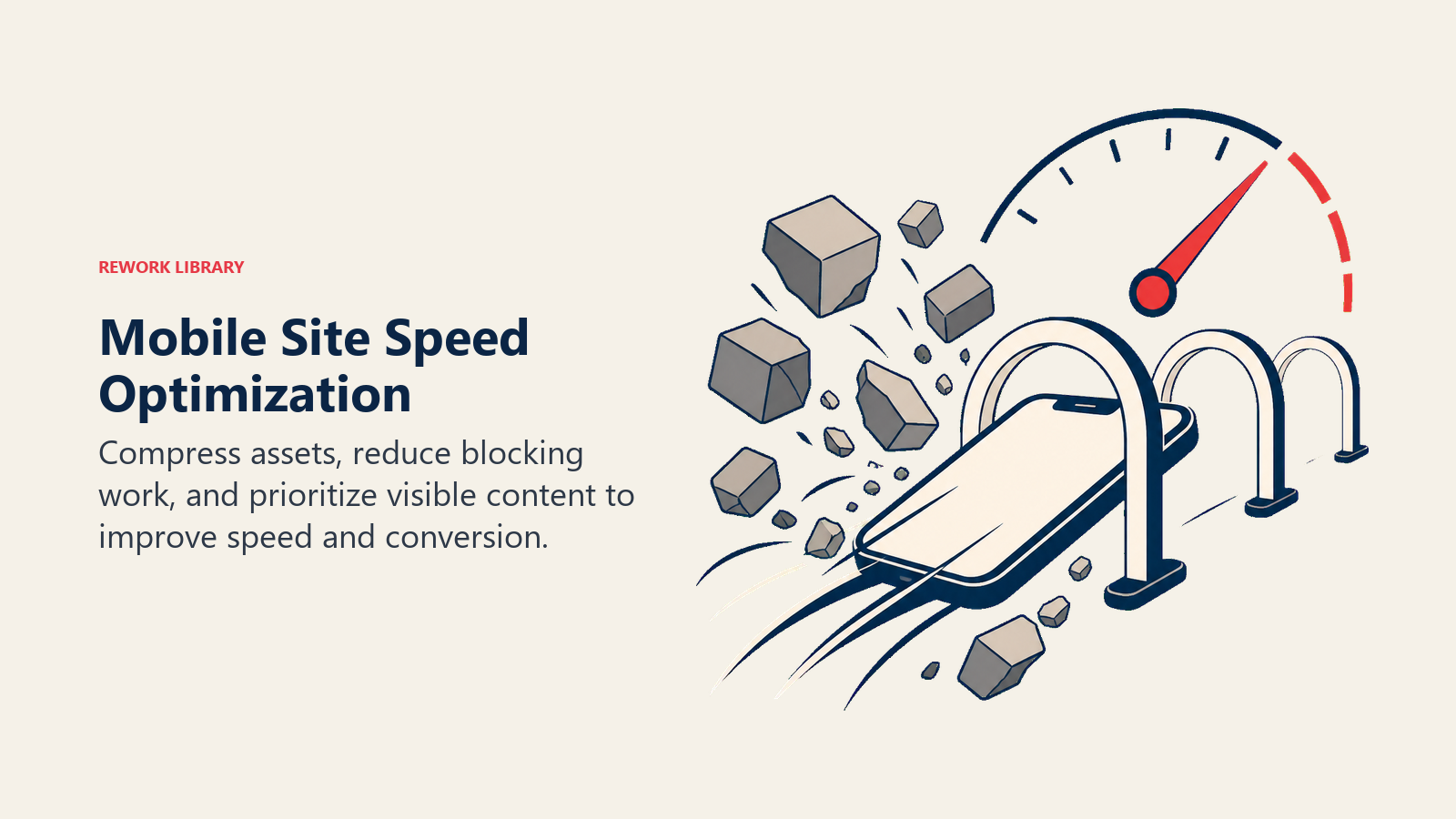 Mobile Site Speed Optimization illustrated with a smartphone racing through three lightweight performance gates while heavy gray blocks fall away and a coral speed needle rises